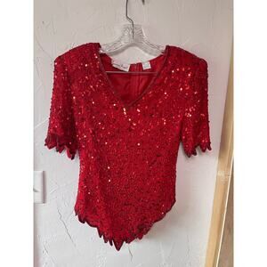 Vintage Laurence Kazar Red Sequin Silk Top Sz L‎